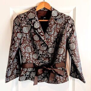 Zinc Brown Blue Floral Jacquard Tie Waist Blazer